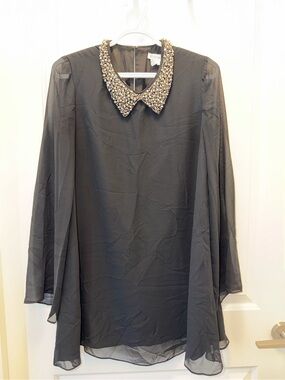 BCBGeneration Black Sheer Long-Sleeve Dress with Beaded Collar